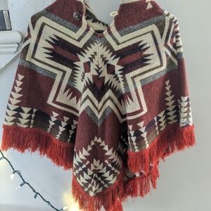 Tribal Pattern Poncho with Fringe